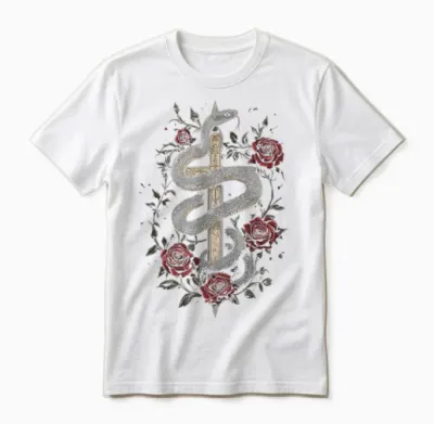 Snakes and Roses Around a Sword - Gothic T-Shirt, Black, S Unisex T-Shirt - White