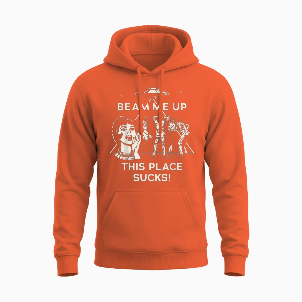Stranger Things Season 5 Beam Me Up This Place Sucks! Unisex Hoodie in Orange