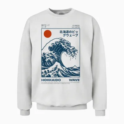 Hokkaido Aesthetic T-Shirt Vintage Japanese Big Wave Kanagawa Unisex Sweatshirt - White
