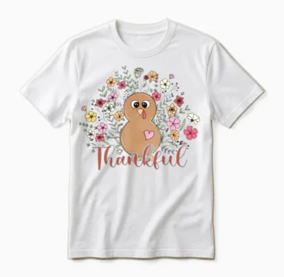 Thankful Floral Turkey Natural Cute Thanksgiving Unisex T-Shirt - White