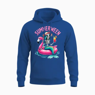 Summerween Mermaid Skeleton Beach Flamingo Halloween Girl Unisex Hoodie - Royal