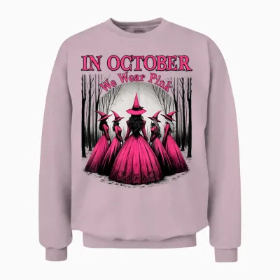 Retro in October We Wear Pink Witch Breast Cancer Awareness Unisex Sweatshirt - Light Pink