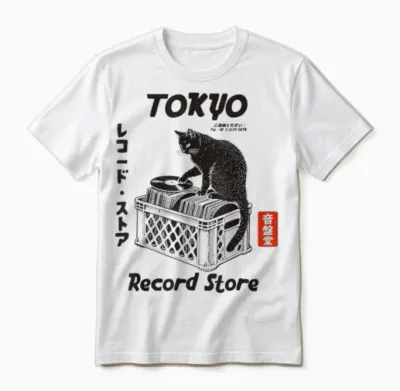 Tokyo Record Store Cat, Musique Vinyle Japonaise Anime Unisex T-Shirt - White