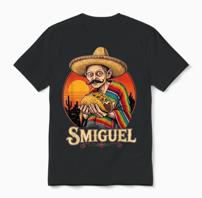 Smiguel Mexican Sombrero Funny Mexican Culture Mashup Unisex T-Shirt in Black