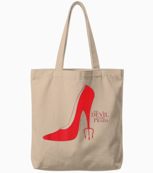 The Devil Wears Prada Red Heel Pitchfork Logo Tote Bags in Natural