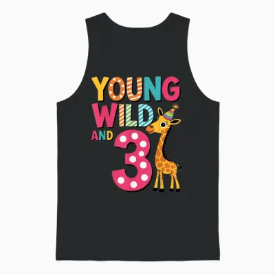Young Wild and Three Cute Giraffe Kids Birthday Age 3 Unisex Tank Top - Black