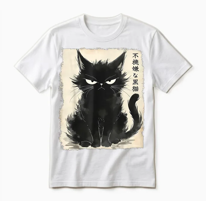 Grumpy Black Cat Neko Vintage Japanische Kunst Anime Kawaii Unisex T-Shirt in White