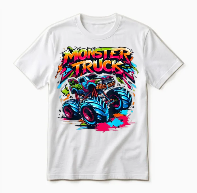 Monster Truck Retro Colorful Graffiti Toddlers Youth Adults Unisex T-Shirt in White