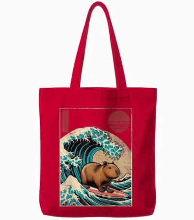 Capybara Japanese Kanagawa Wave Funny Surf Animal Capybara T-Shirt, Black Tote Bags - Red
