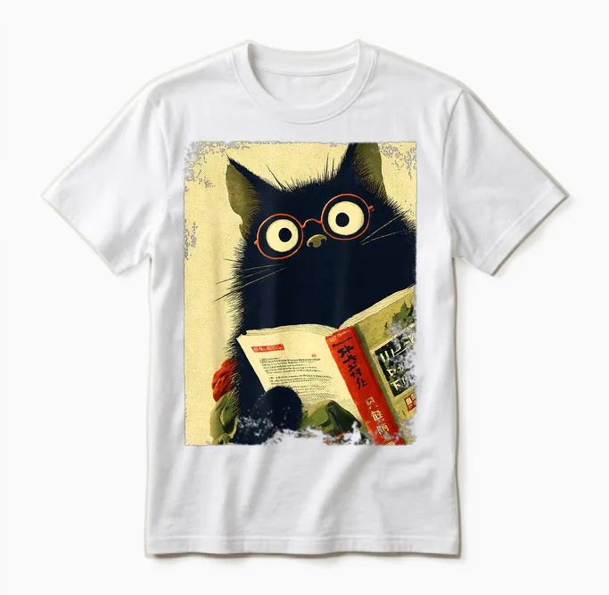 Vintage Japanese Cat for Book Lover Librarian Cat Daddy Teacher Unisex T-Shirt in White