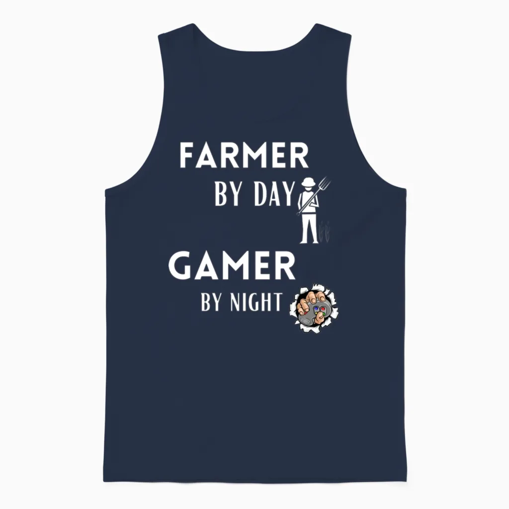 Funny Farmer Farmer by Day Gamer by Night Funny Unisex Tank Top in Navy