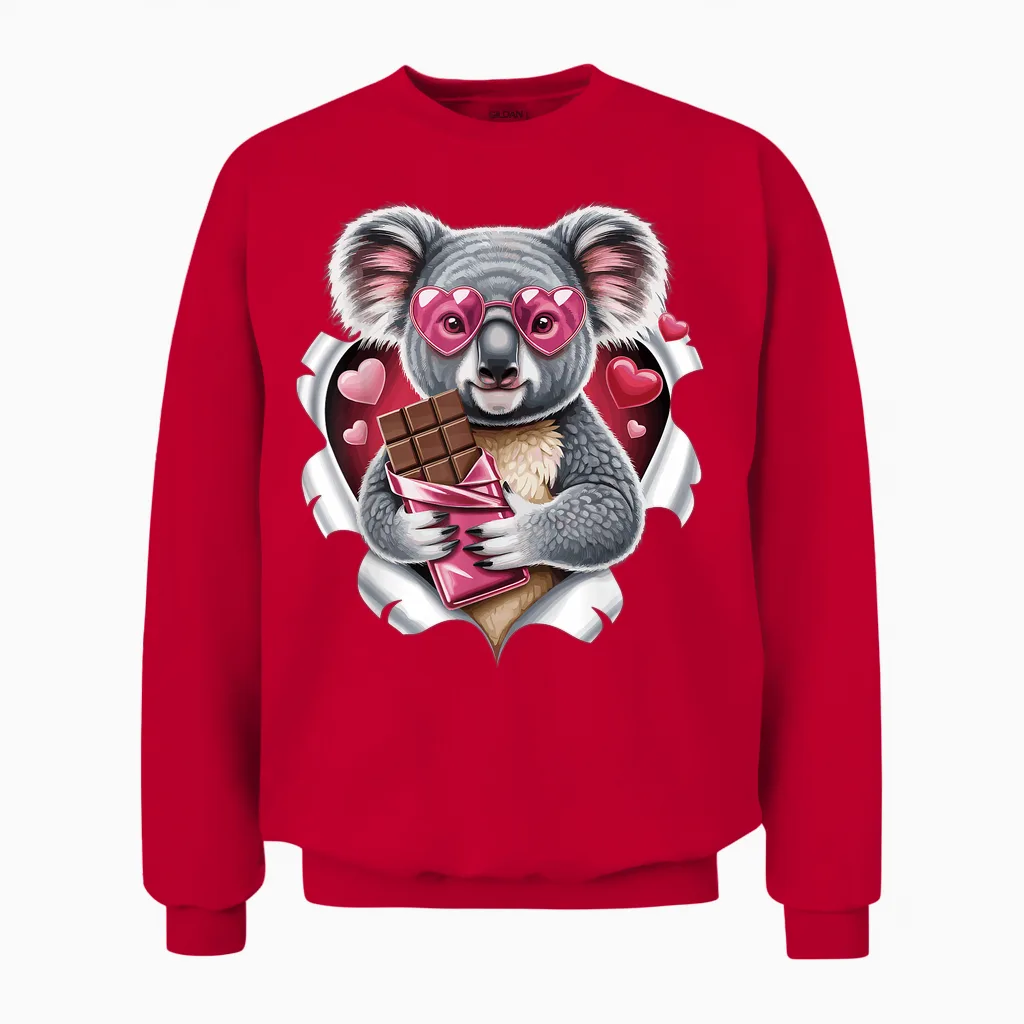 Cute Koala with Chocolate and Pink Hearts Love Unisex Sweatshirt in Red