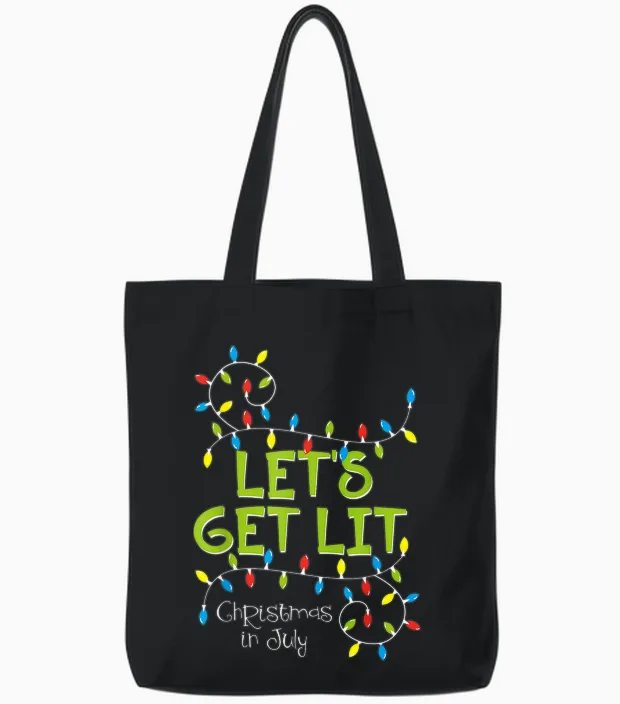 Funny Let's Get Lit Christmas in July Shirt Summer Lights Tote Bags in Black