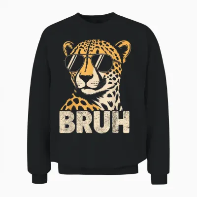 Bruh Cheetah Meme Graphic Tee Men Boys Animal Print Unisex Sweatshirt - Black
