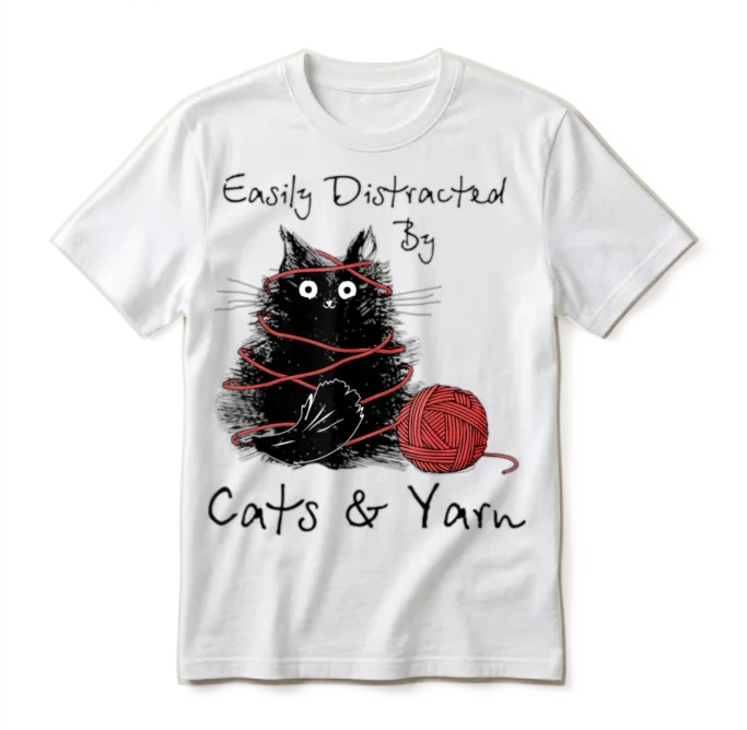 Easily Distracted By Cats And Yarn Knitting Lovers Unisex T-Shirt - White – 2
