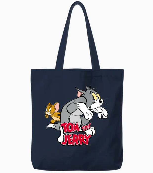 Tom and Jerry Tiptoeing Tote Bags in Navy