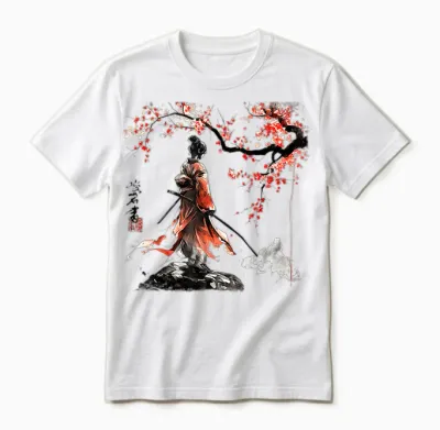 Geisha Samurai Girl Cherry Blossom Fighter Ninja Martial Art T-Shirt, Gray Unisex T-Shirt - White