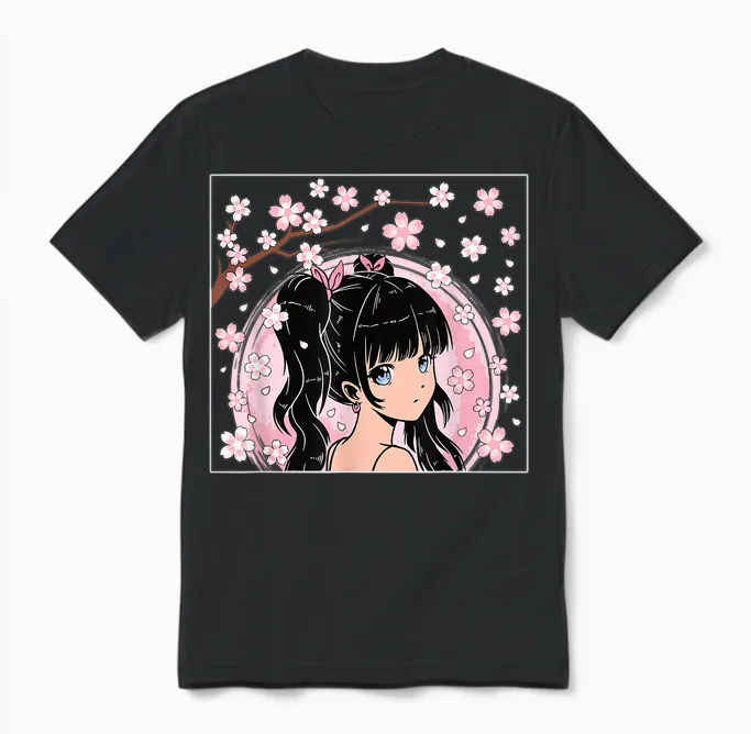 Japanisches Anime Mädchen Otaku Kirschblüte Sakura Damen Unisex T-Shirt in Black