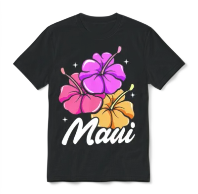 Maui Hawaii with Hawaiian Hibiscus Flowers Unisex T-Shirt - Black