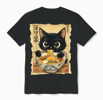Japanese Ramen Noodles Manga Ramen Kawaii Cat Unisex T-Shirt - Black