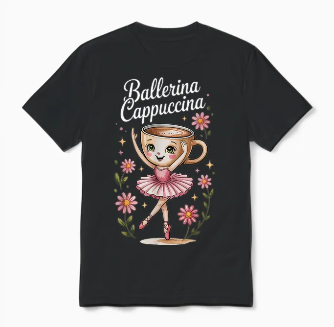 Kinder Meme Italian Brainrot Ballerina Cappuccina Unisex T-Shirt in Black