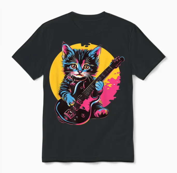 Cute Kitten Playing Guitar Rock Style T-Shirt, Black, S