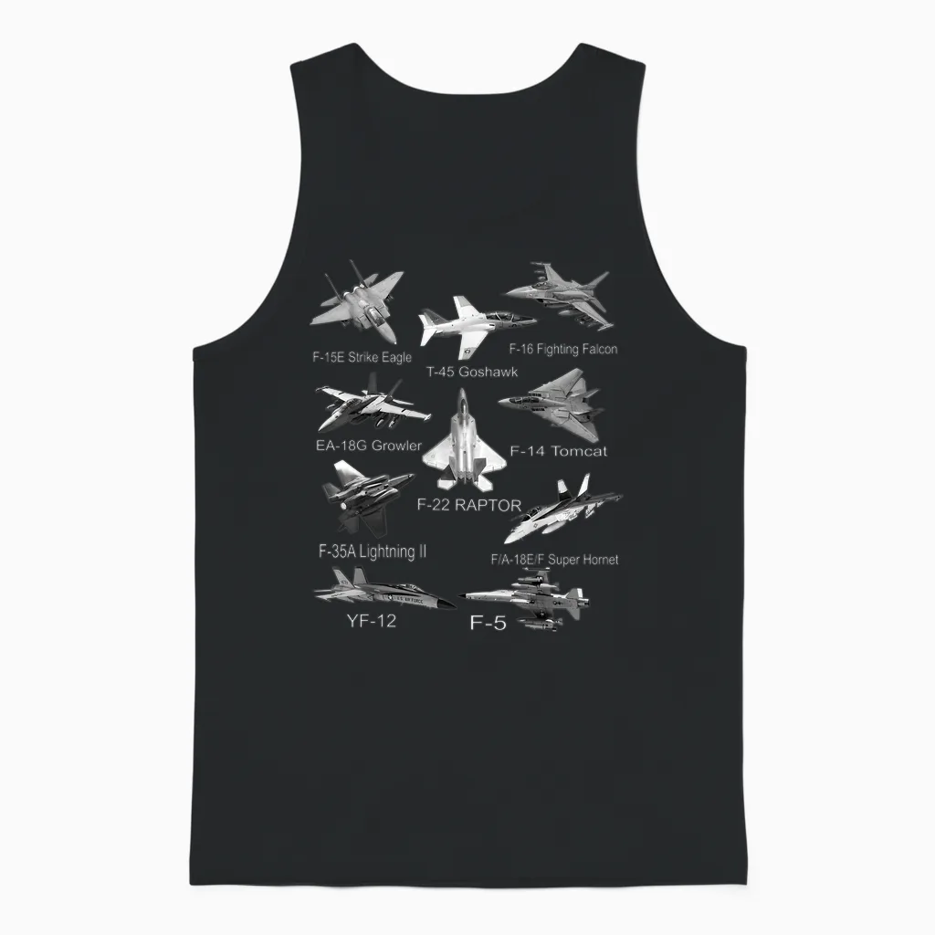 American Fighters Jets F22 Raptor F14 Tomcat Plane Spotting T-Shirt Small Unisex Tank Top in Black