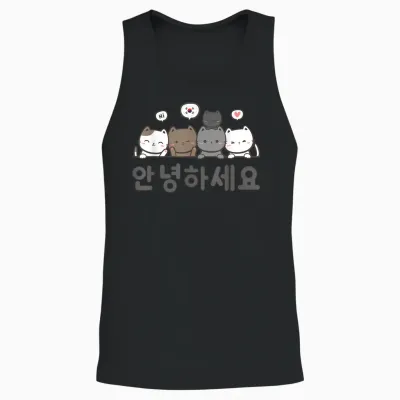 Korean Flag and Cats | Hello Korean Annyeong Haseyo T-Shirt, White, S Unisex Tank Top - Black