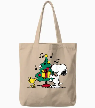 Peanuts Snoopy and Woodstock Holiday Christmas Tree Tote Bags - Natural