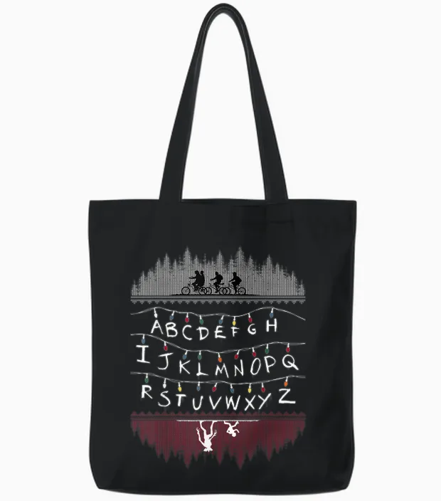 Netflix Stranger Things Alphabet Lights Tote Bags in Black