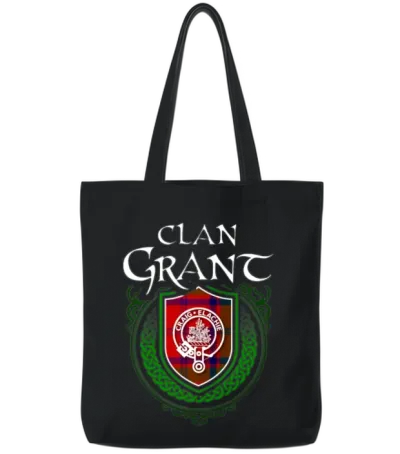Grant Surname Scottish Clan Tartan Crest Badge Tote Bags - Black