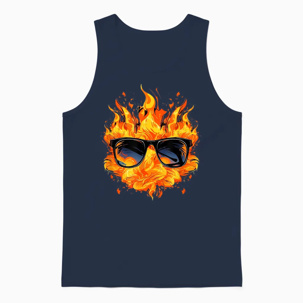 Cool Fire and Flames Glasses T-Shirt, Black Unisex Tank Top in Navy