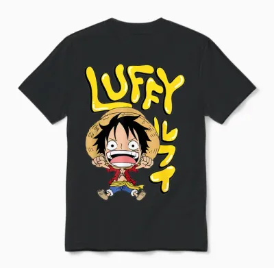 One Piece Anime Luffy Chibi with Bubble Letters Unisex T-Shirt - Black
