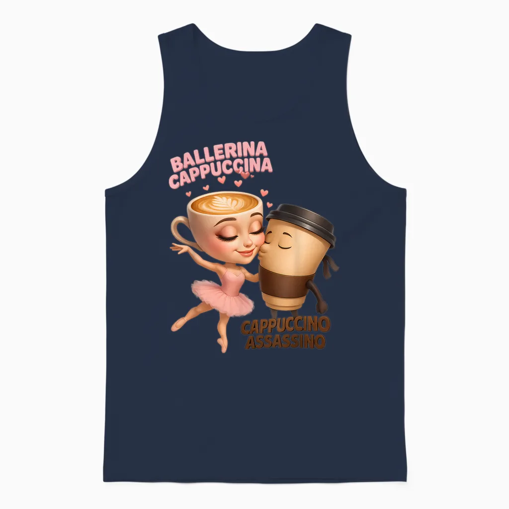 Italian Brainrot Ballerina Cappuccina Espresso Assassin Meme Unisex Tank Top in Navy