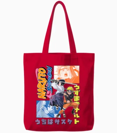 Naruto Shippuden Naruto Sasuke Kanji Collage Anime Tote Bags - Red