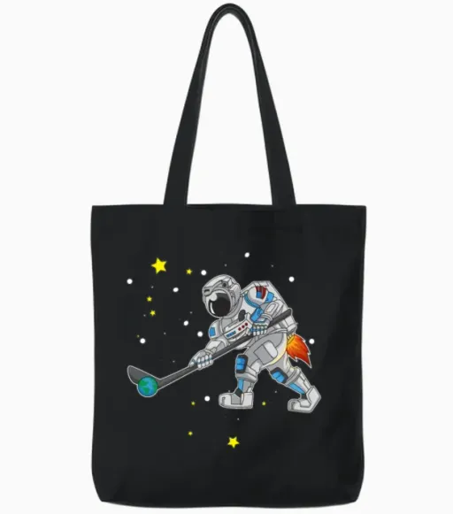 Astronaut Playing Ice Hockey in Outer Space Gift Tote Bags in Black