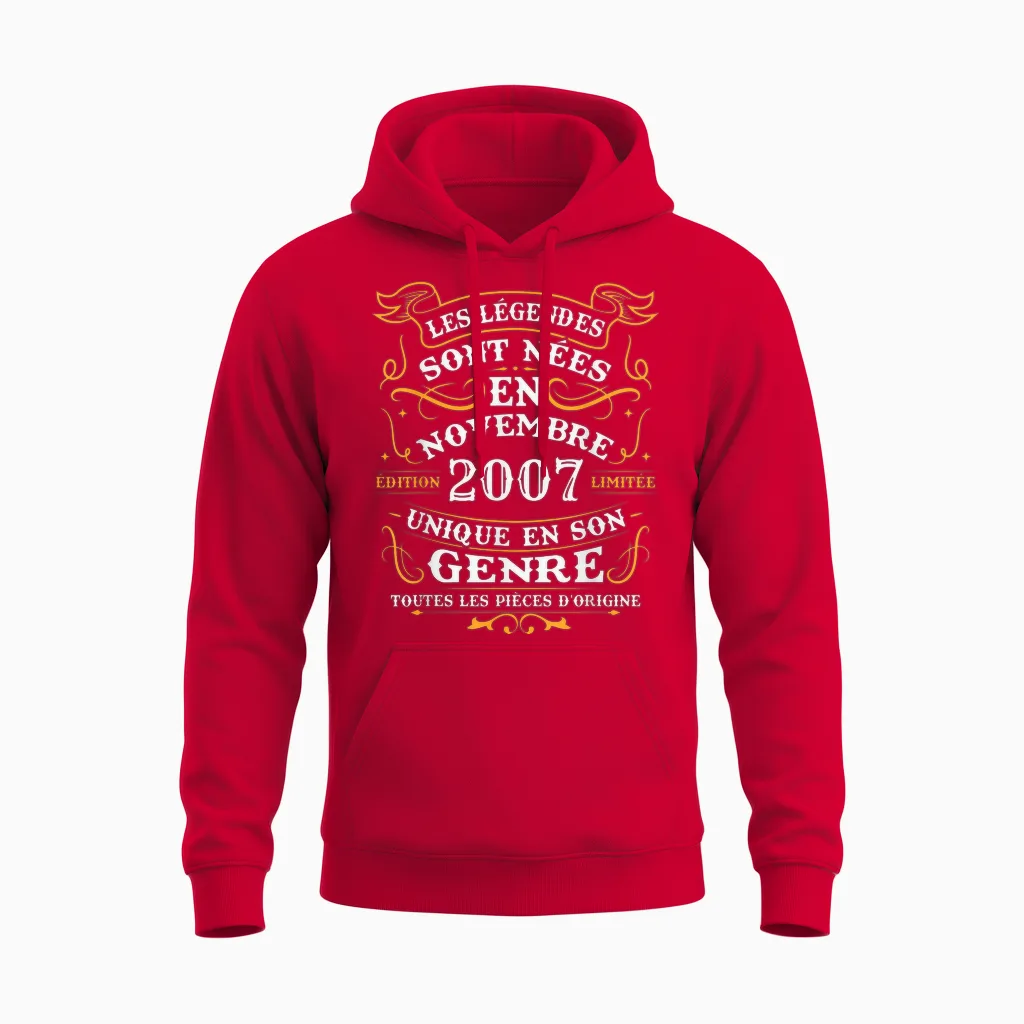 Vintage Birthday Gift 18 Years Born in November 2007 Unisex Hoodie in Red
