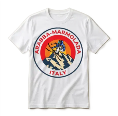 Vintage Skiing in Arabba-Marmolada Italy Sunset Unisex T-Shirt - White