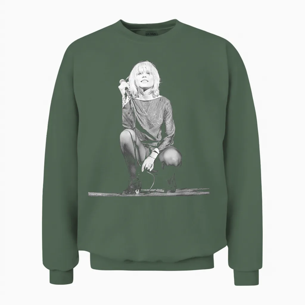 Debbie Harry Singer of Blondie on Stage by Virginia Turbett Unisex Sweatshirt in Military Green