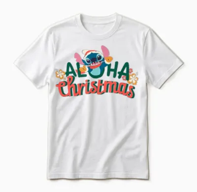 Amazon Essentials Men's Stitch Smiling Aloha Christmas T-Shirt, Black Graphic Print, Small Unisex T-Shirt - White