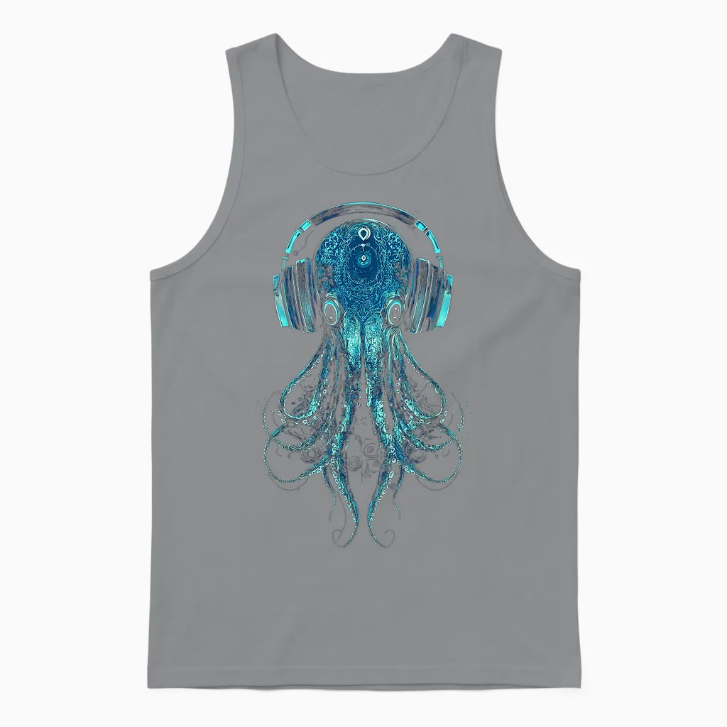 Octopus Animal Lovers Motif Music Headphones Illustration Squid Unisex Tank Top in Sport Grey