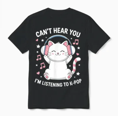 Can't Hear You I'm Listening to K-Pop Lover Cute Cat Kawaii Unisex T-Shirt - Black