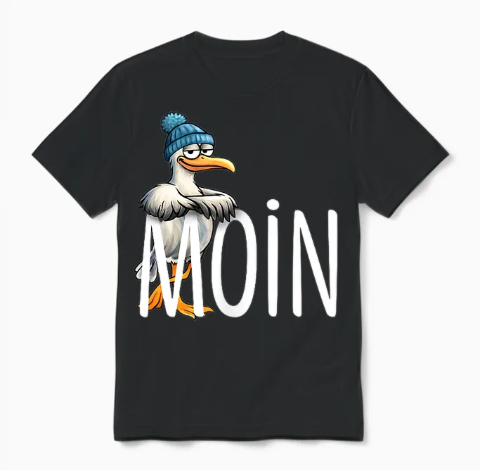 Moin! Funny North Sea Seagull Baltic Sea Nordic Greetings Unisex T-Shirt in Black