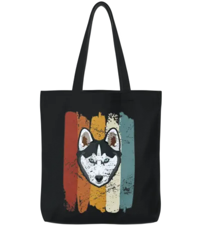 Smiling Husky Retro Tote Bags - Black