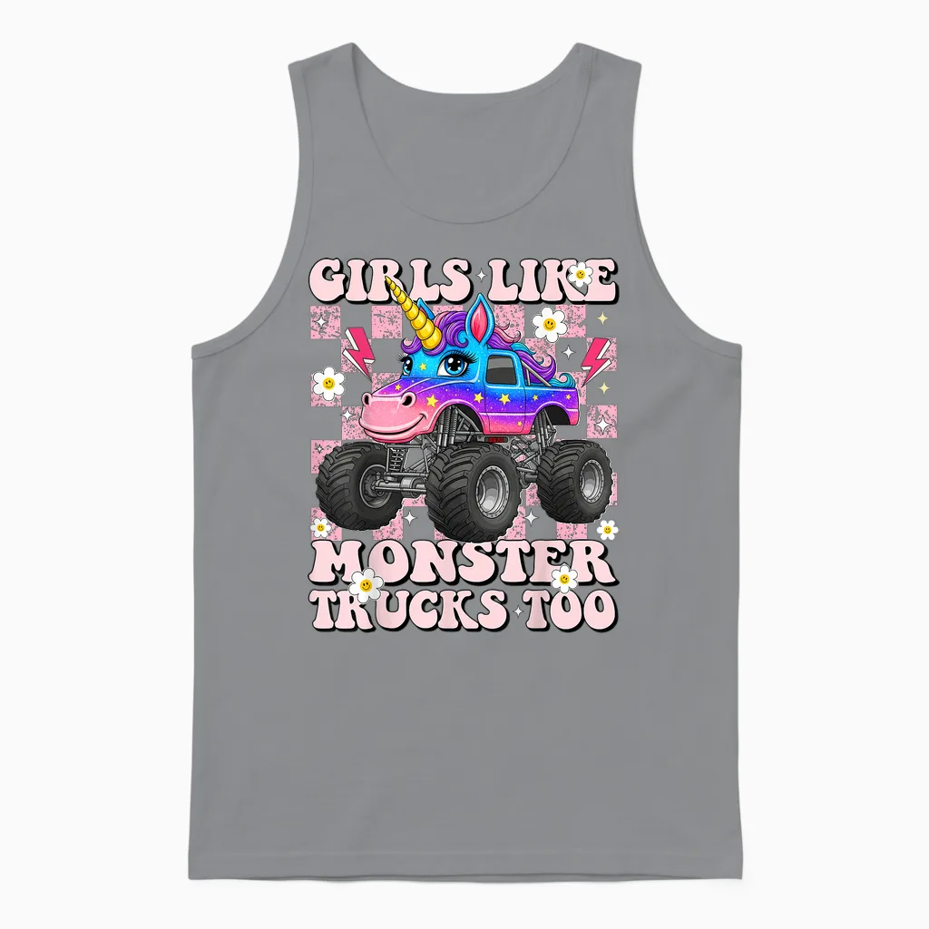 Girls Like Monster Trucks Too Cute Unicorn for Toddler Teen Unisex Tank Top in Sport Grey