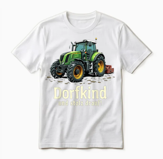 Dorfkind Und Stolz Drauf Farmer Tractor Saying T-Shirt, Black Unisex T-Shirt in White
