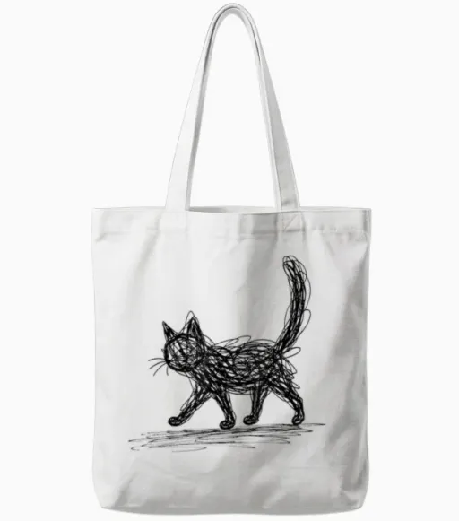 Minimalist Cat, Hand Drawn Kitten Tote Bags - White