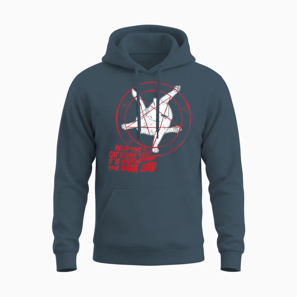 Jedes Mal, Wenn Eine Katze Sich Reinigt, Verehrt Den Dunklen Herrn Unisex Hoodie in Dark Heather