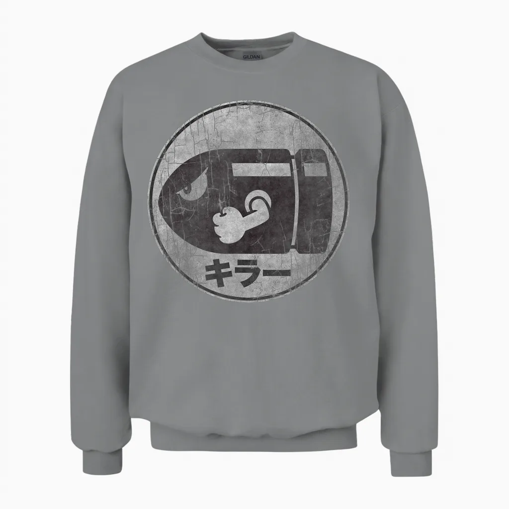 Super Mario Bullet Bill Distressed Kanji Logo Unisex Sweatshirt in Sport Grey