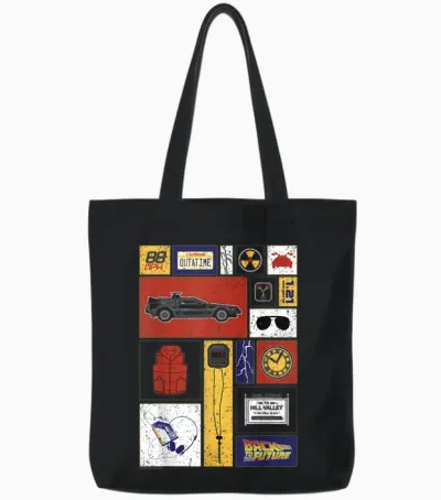 Back to the Future 35th Anniversary Icon Panels T-Shirt, Black, S Tote Bags - Black